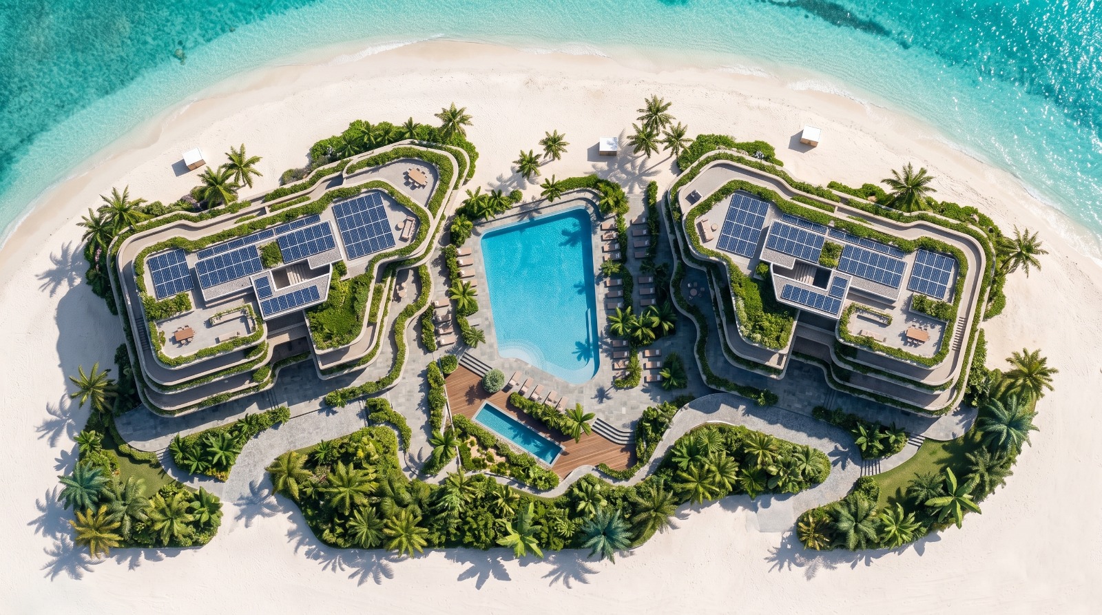 Aerial view of the apartment concept: two terraced low-rise buildings around a central pool, with the beach all round